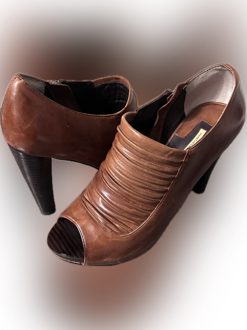 Women's Brown Leather Peep-Toe Heeled Booties